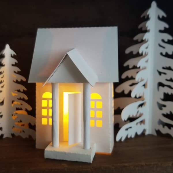 Tea Light Village Library, White Christmas, Christmas Village Decoration, Paper House Luminary,  Housewarming Gift, Tiered Tray Filler