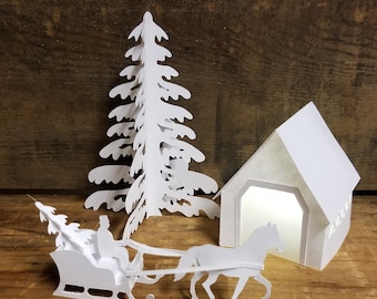 Tea Light Village Covered Bridge, Sleigh, Trees, Christmas Village Decoration, Paper House Luminary,  Housewarming Gift, Tiered Tray Filler