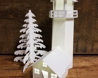 Tea Light Village Light House, Keepers Cottage, Christmas Village Decoration, Paper House Luminary,  Housewarming Gift, Tiered Tray Filler