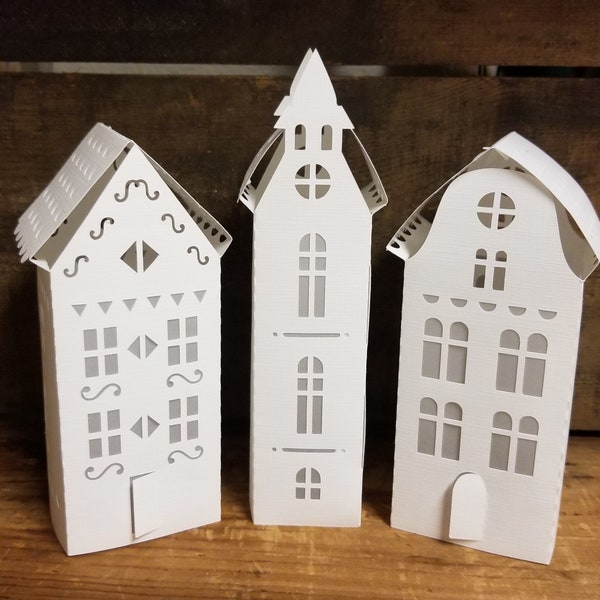 Lighted Christmas Houses, Set of 3, Christmas Village Decor, Paper House Luminary,  Mantel Decor, Tiered Tray Filler