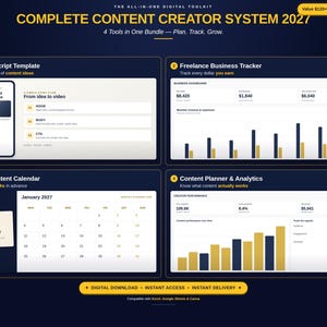 Könnte beinhalten: Das digitale Toolkit Complete Content Creator System 2027 enthält vier Werkzeuge: eine TikTok-Skriptvorlage, einen Freelance-Business-Tracker, einen Inhaltskalender für 2027 sowie ein Analyse-Dashboard mit Diagrammen und Daten.