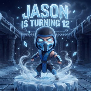 May include: A digital illustration of a character in a blue and black costume with glowing blue eyes and accents. The text "JASON IS TURNING 12" is displayed in icy blue letters. The character stands on a block of ice.
