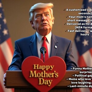 Videomessaggio di Donald Trump per la festa della mamma / Divertente regalo personalizzato dal "Presidente" / Video AI personalizzato per la mamma / Regalo parodia MAGA