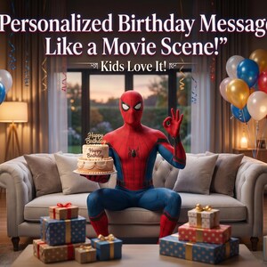 Op de afbeelding: Een persoon in een Spider-Man-kostuum houdt een verjaardagstaart vast met "Happy Birthday" erop. De scène bevat ballonnen, ingepakte cadeaus en de tekst "Personalized Birthday Message Like a Movie Scene!" en "Kids Love It!"