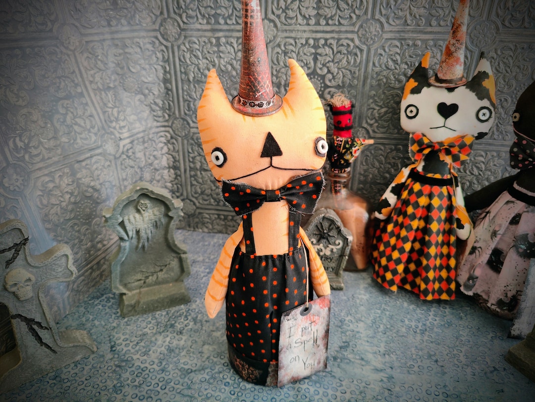 Halloween Cat Doll Orange Tabby Cat Handmade Creepy Cute Art Primitive Kitty Halloween