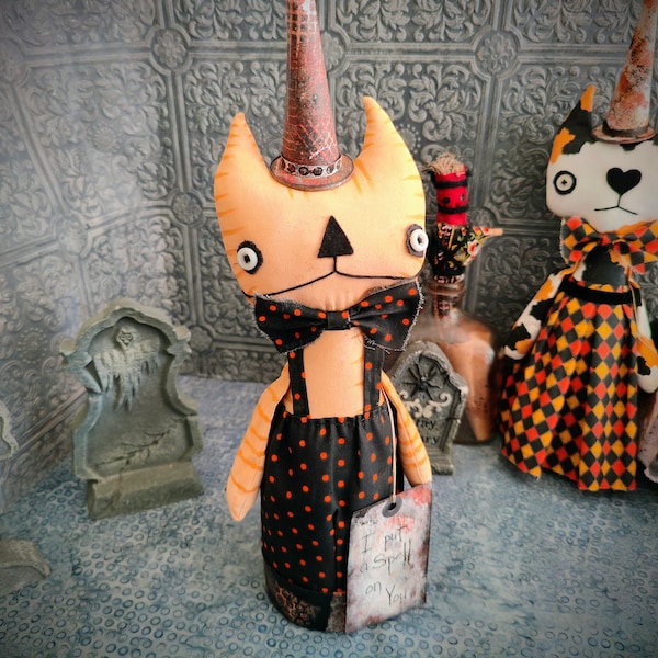 Halloween Cat Doll - Orange Tabby Cat - Handmade Creepy Cute Art - Primitive - Kitty Halloween Decorations