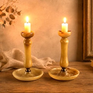 Vintage Onyx Marble Candle Holders Set – Elegant Stone Candlesticks – Mid Century Home Decor – Beige Alabaster Style Candle Sticks
