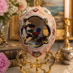 Pode incluir: Um ornamento decorativo em forma de ovo de porcelana rosa suave com uma janela central recortada. No interior, um pequeno pássaro colorido pousa num ramo. O exterior é adornado com detalhes dourados, motivos florais e um remate dourado.