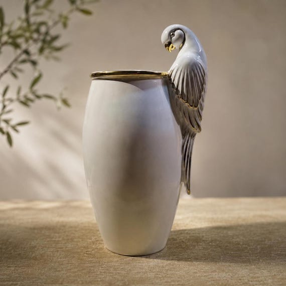 Vintage-Porzellanvase mit Papageienmotiv, weiße Keramikvase mit Vogelmotiv, elegante Vase mit Goldrand, Wohnaccessoires aus der Mitte des 20. Jahrhunderts, dekoratives Blumengefäß