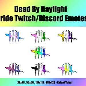 Puede incluir: Seis variaciones de color diferentes del logotipo de Dead by Daylight, una mano estilizada en blanco y negro con cuatro dedos, en un esquema de colores arcoíris. El logotipo se muestra en los tamaños de píxeles 28x28, 56x56, 112x112 y 128x128. El texto "28x28. 56x56. 112x112. 128x128 - KalanVTuber" se muestra en la parte inferior de la imagen.