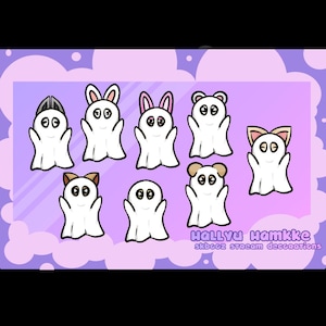 May include: Eight white ghost illustrations with different colored ears and headbands. The ghosts have black eyes and mouths. The text "Hallyu Hamkke" and "skzoo stream decorations" is at the bottom of the image.