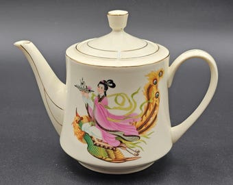 VTG MCM Elegant Porcelain Teapot With Hand-Painted Phoenix Design & Gold Trim