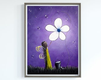 Printable artwork digital download, fairy painting, for home decoration, acrylic painting, fairy with daisy, printable wall art, purple
