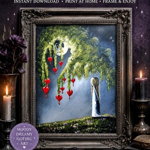 Puede incluir: Una impresi&oacute;n digital enmarcada con la pintura de una figura sobre una colina cubierta de hierba bajo un &aacute;rbol llor&oacute;n con adornos rojos en forma de coraz&oacute;n. El texto dice GOTHIC BEDROOM DECOR, PRINTABLE WALL ART, INSTANT DOWNLOAD, PRINT AT HOME.