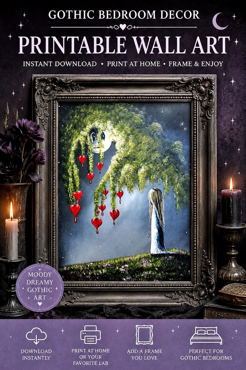 Puede incluir: Una impresi&oacute;n digital enmarcada con la pintura de una figura sobre una colina cubierta de hierba bajo un &aacute;rbol llor&oacute;n con adornos rojos en forma de coraz&oacute;n. El texto dice GOTHIC BEDROOM DECOR, PRINTABLE WALL ART, INSTANT DOWNLOAD, PRINT AT HOME.