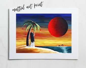 small gifts for women, girl on beach art, ocean art prints, colorful seascape art, 5x7 inches with matt, dolphins in ocean, surrealism art