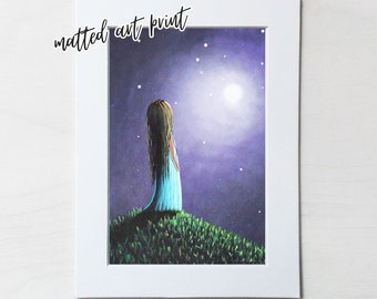 Mini art print with matt, purple decor, girl standing on hill, art print display, surreal artwork, Forgiveness Is A Forever Gift, surrealism