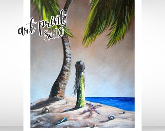 BEACH ART PRINT, art for beach house, from painting, original prints, seascape art, palm tree, sandy beach, sea shells, girl standing alone