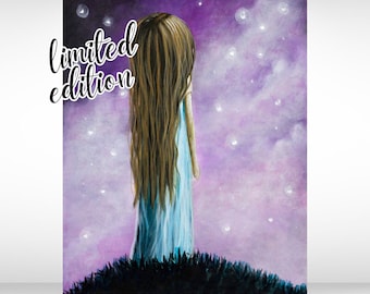 purple and blue wall art print, girl with fireflies, 11x14 print on canvas, limited edition, girl's room art decor, bedroom wall artwork