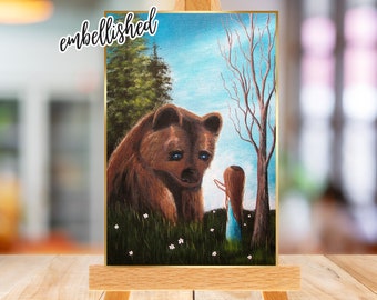 ACEO, cute bear with girl, art cards, junk journal inserts, mini artwork for bedroom, hand embellished with gold paint, atc, animal lover