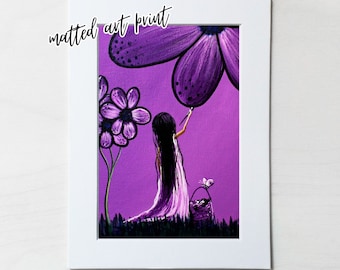 acrylic print art with matt, girl with summer flowers, springtime decor, vibrant purple color, unique spring accents, art for desk, bedroom