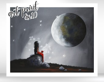 WALL ART PRINT, A Time To Dream, big red moon, surrealism art, dreamy landscape, art for bedroom, motivational art, inspirational artwork