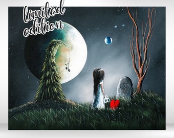 God Must Need You More Than We Do, fine art print on canvas, limited edition, gothic fantasy, girl at Dad's grave, emotional artwork, moon