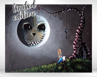 alice in wonderland with a gothic twist, limited edition canvas art prints, cheshire cat moon, white rabbit, surreal night sky, gothic alice