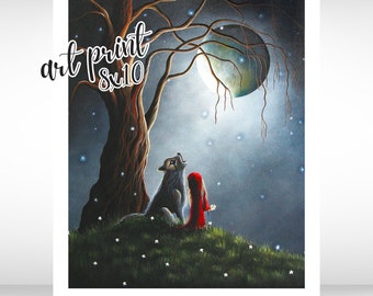 RED RIDING HOOD art print, gothic fantasy, fairytale art from painting, 'Night With The Lone Wolf', fine art prints, archival art print