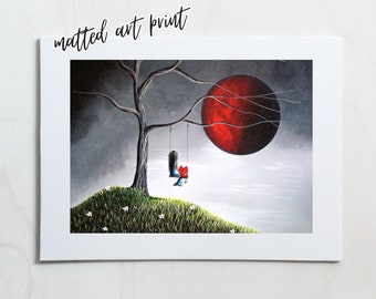 surreal art print, small art with red moon, girl on swing under tree, matted artwork, surrealism artists, best selling art print