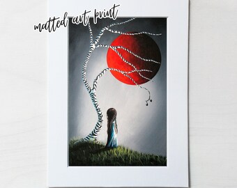 surreal art prints, art print with matt, 5x7 mini art, art for side table, art for bedroom, red moon art with girl, grey and red wall art