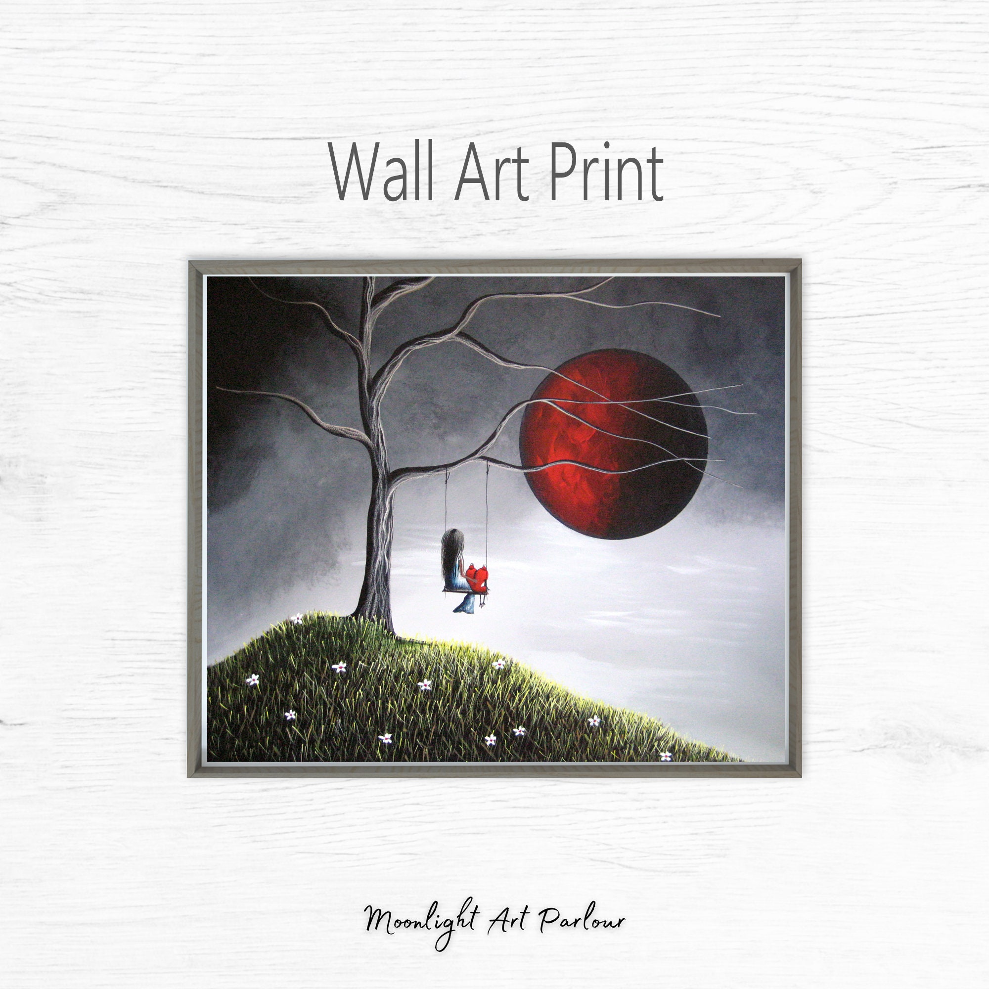 Wall Art Print Girl Sitting On Tree Swing Big Red Moon Etsy India