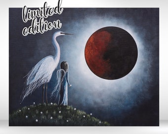 Fairy with bird, Night With The Great Egret, NEW limited edition, canvas prints, 11x14 inches, archival, magical art, big red moon, dreamy