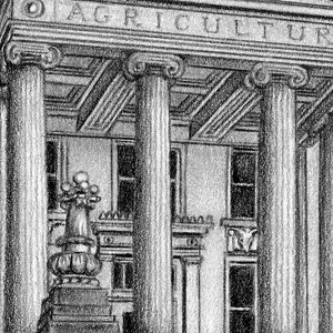Puede incluir: Dibujo a l&aacute;piz en blanco y negro de un edificio con una fachada cl&aacute;sica. El edificio tiene una gran inscripci&oacute;n que dice "AGRICULTURE" sobre una serie de columnas y ventanas.