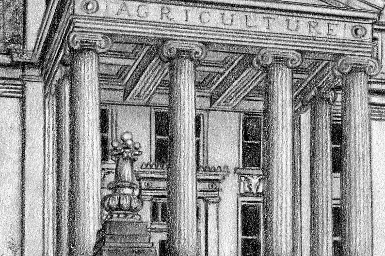 Puede incluir: Dibujo a l&aacute;piz en blanco y negro de un edificio con una fachada cl&aacute;sica. El edificio tiene una gran inscripci&oacute;n que dice "AGRICULTURE" sobre una serie de columnas y ventanas.