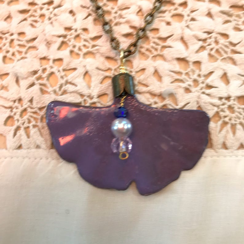 Ginkgo Necklace and Earring Set Enamled Purple