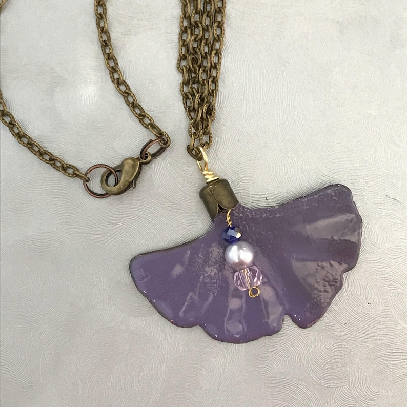 Ginkgo Necklace and Earring Set Enamled Purple