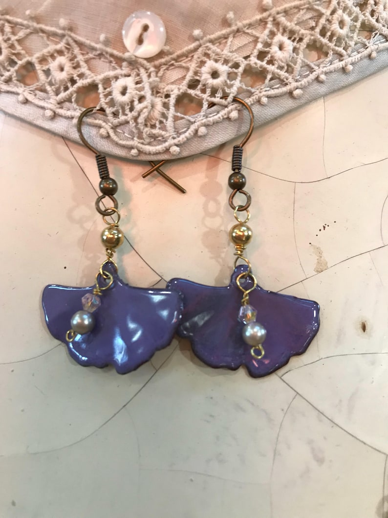 Ginkgo Necklace and Earring Set Enamled Purple