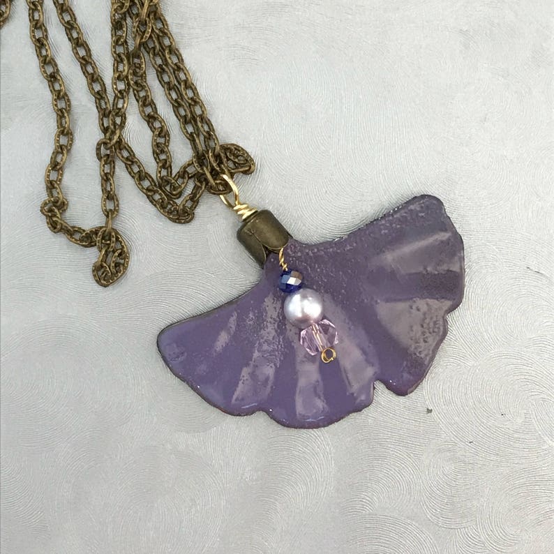 Ginkgo Necklace and Earring Set Enamled Purple