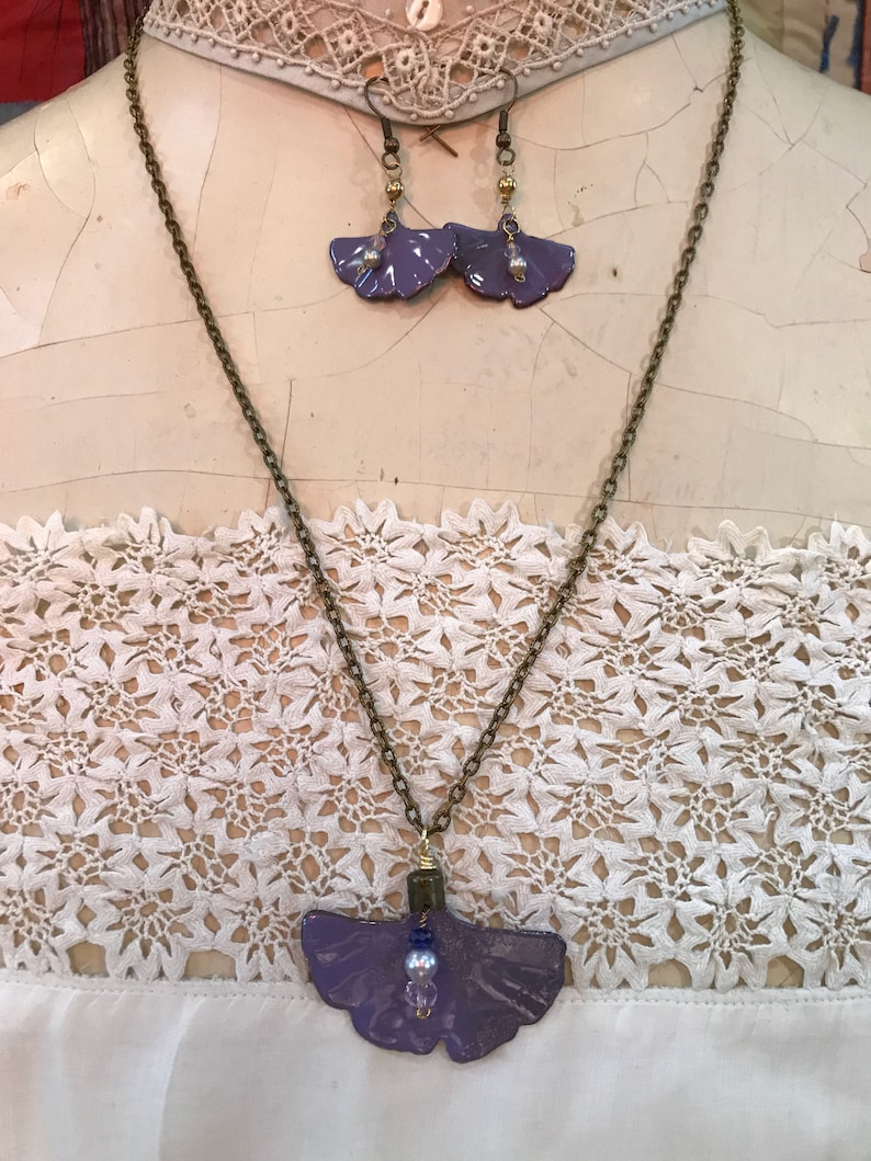 Ginkgo Necklace and Earring Set Enamled Purple