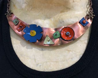 Copper Crescent Necklace with Enameled Flowers