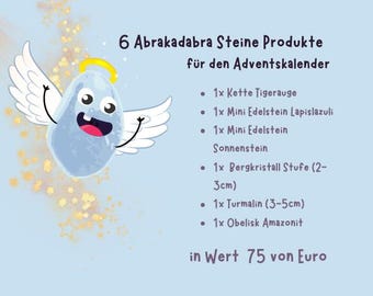 Może przedstawiać: Jasnoniebieska grafika z rysunkowym kamieniem aniołem ze skrzydłami i aureolą. Tekst brzmi 6 Abrakadabra Steine Produkte für den Adventskalender, wymieniając naszyjnik z tygrysiego oka, lapis lazuli, kamień słoneczny, kryształ górski, turmalin i amazonit.