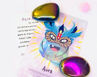 Pierre précieuse « Aura » 3-5 cm - Pierre porte-bonheur pour enfants - Stimule le courage - Aura d'ange aigue-marine - Pierre roulée - Cadeau de rentrée scolaire - Pierre protectrice - Porte-bonheur