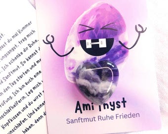 Cœur en pierre précieuse « Ami Thyst » - 2 x 2 cm - Cœur en améthyste - Pierre de remplissage pour cônes scolaires - Pierre d'encouragement - Porte-bonheur - Talisman - Cadeaux de Pâques pour enfants