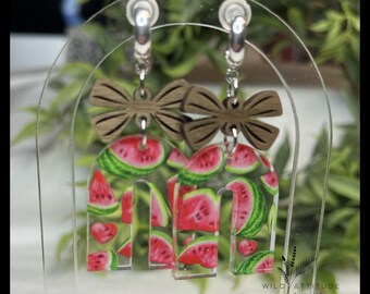 Watermelon Arch Dangle Earrings | Wooden Bow Summer Fruit Jewelry