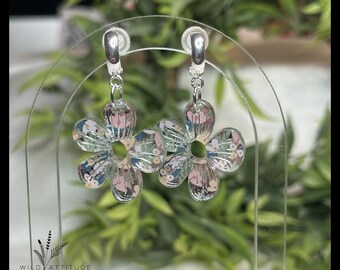 Floral Acrylic Flower Earrings with Silver Hoop Studs | Retro Pastel Style
