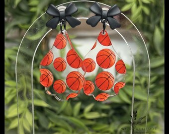 Basketball Print Acrylic Scalloped Teardrop Earrings with Black Bow Studs