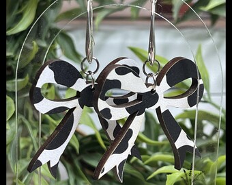 Cow Print Wooden Bow Earrings with Silver Hooks | Western Boutique Earrings