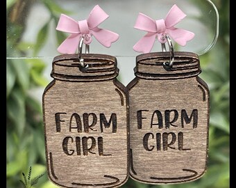 Farm Girl Mason Jar Earrings | Pink Bow Wooden Dangles, Country Style