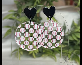 Baseball Acrylic Earrings with Black Heart Studs | Game Day Sports Jewelry